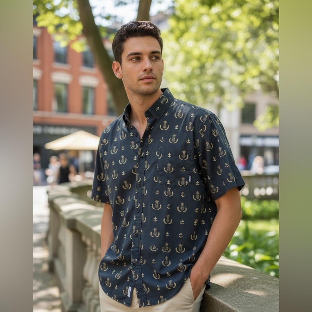 Holy Ship! Button Up Shirt Mens -Black Gold Pineapple Anchor Short Sleeve Cotton